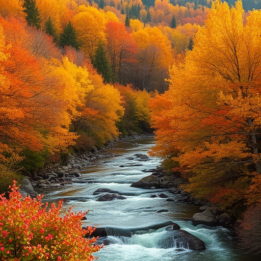 generate a vibrant autumn landscape featuring a flowing river surrounded by colorful trees with hues of orange, yellow, and pink flowers along the banks, taken with a DSLR camera at f/8 aperture, ISO 100, with a wide-angle lens at 24mm, using a polarizing filter for enhanced colors and clarity, during golden hour lighting for warm tones.
