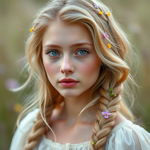 Create an image of a young Eurasian woman with long, wavy blonde hair, adorned with small, colorful flowers woven into her braids and loose strands. Her complexion is fair, with soft, glowing skin, and she has light blue eyes that gaze softly at the viewer. She wears a light, flowing dress with a gentle, ethereal quality, complementing her delicate and serene appearance. The background is slightly blurred, drawing focus to her tranquil expression and the intricate details of the flowers in her hair. The overall mood of the image is one of natural beauty and grace, evoking a sense of peacefulness and connection with nature.