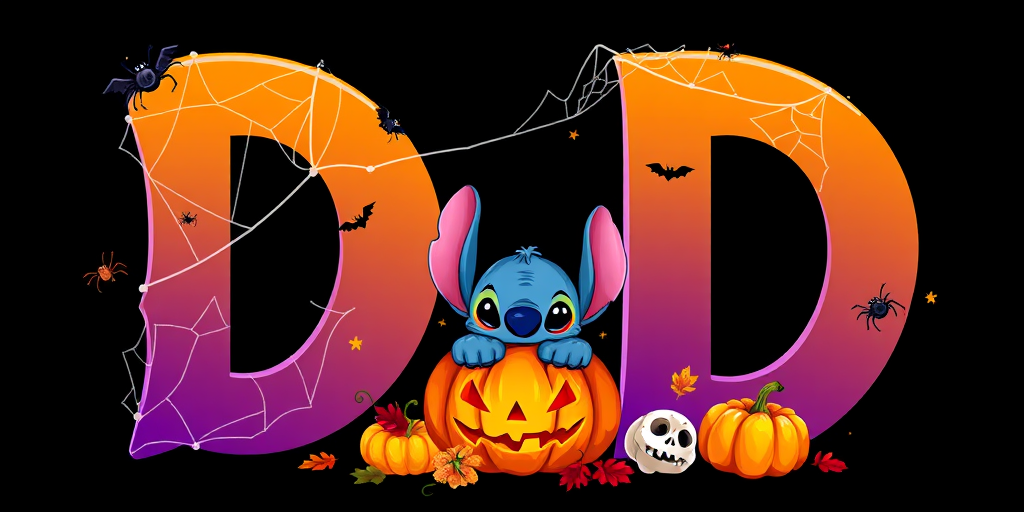 A whimsical and vibrant Halloween-themed digital illustration featuring the letter "D" adorned with spider webs, small bats, and cute spiders. At the base of the letter, a playful alien character similar to Stitch is peeking out from inside a carved pumpkin with glowing eyes, surrounded by additional pumpkins, a small skull, and autumn leaves. The letter is gradient-colored from orange to purple, adding a magical atmosphere to the scene, black background