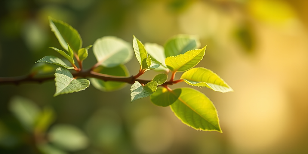 create an illustration of a simple branch with green leaves, close-up view, shot with a DSLR camera at f/2.8 aperture, 50mm lens, natural lighting to enhance detail and texture