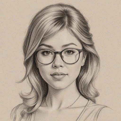 Elegant Jennette McCurdy, pencil sketch, portrait of Exquisite woman 1955s in glasses, hair style beatnik, outline, clear lines, fine lines, 8k