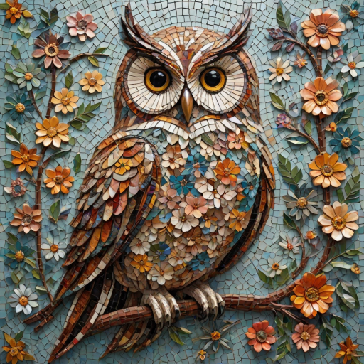 A mosaic of floral owls, one owl intricately composed of individual flower blossoms. The design showcases a delicate balance of nature and form, where the feathers of the owls are replaced by vibrant petals and blooms. The overall appearance is whimsical yet detailed, with each floral element contributing to the intricate patterns of the owl’s body. The artwork embraces a raw, organic style, with natural hues and soft textures, creating a harmonious blend of flora and fauna. The mosaic arrangement adds depth and visual intrigue to the piece, evoking a sense of wonder and artistic beauty.