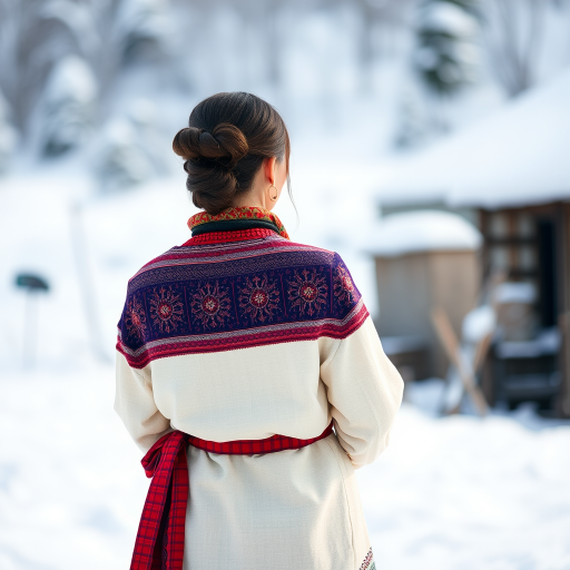 capture a woman in traditional attire standing with her back to the camera in a snowy landscape, using a Canon EOS R5 with a 50mm lens, aperture f/1.8, ISO 200, shutter speed 1/200s, in soft natural light and a shallow depth of field to emphasize the textures of the clothing and the serene winter environment