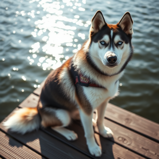 A Siberian Husky sitting on a wooden dock by the water, sunlight reflecting off the surface, close-up view, natural lighting, aperture f/2.8, shutter speed 1/500s, ISO 100, DSLR camera, wide-angle lens.