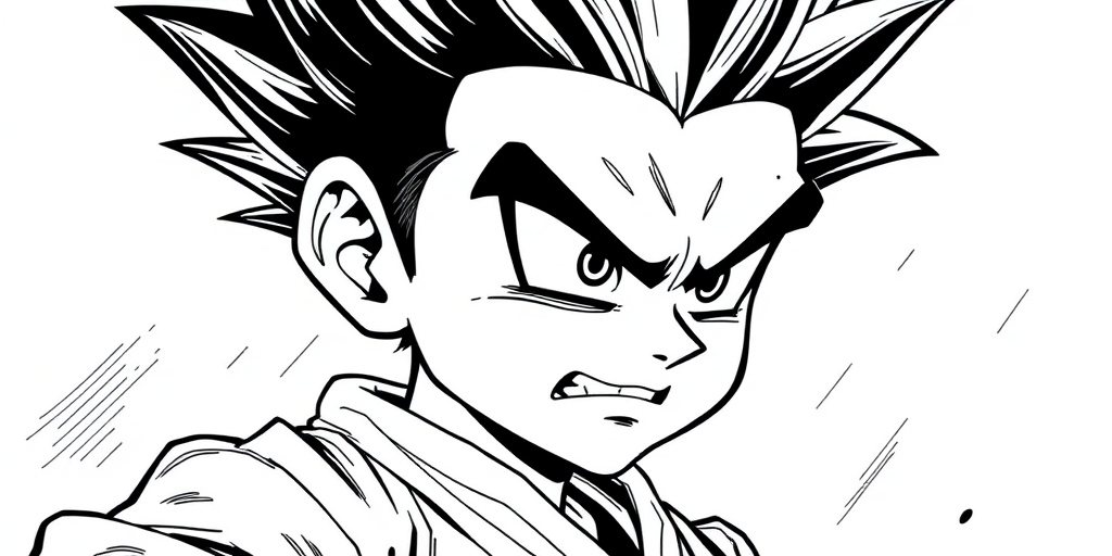 Create a high-resolution black and white illustration of a determined cartoon character with spiky hair and a martial arts uniform, captured in a close-up view with sharp lines, using a digital drawing tablet, with high contrast and detailed inking, and a light source from the left to enhance shadows and depth.