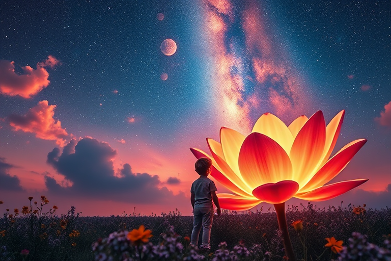 Generate an ethereal landscape featuring a child in awe of an enormous glowing flower against a cosmic sky, with vibrant colors and detailed textures, captured with a Canon EOS R5 at f/1.8, ISO 100, 35mm lens in HDR style.