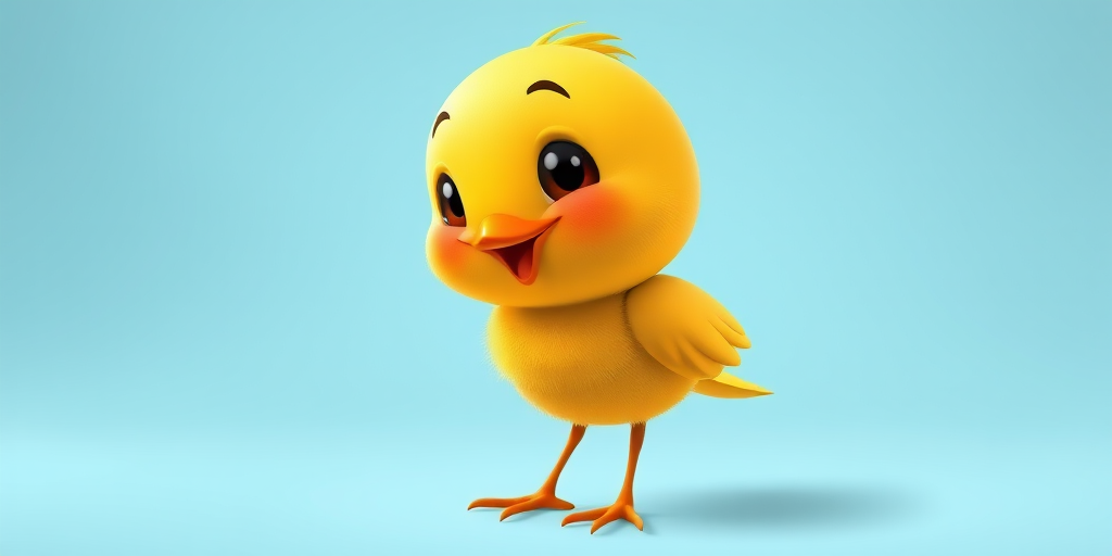 Create a colorful, cartoon-style illustration of a cheerful yellow bird with a round head and fluffy feathers, using 3D rendering techniques with a 50mm lens, f/2.8 aperture, soft lighting, and vibrant colors.