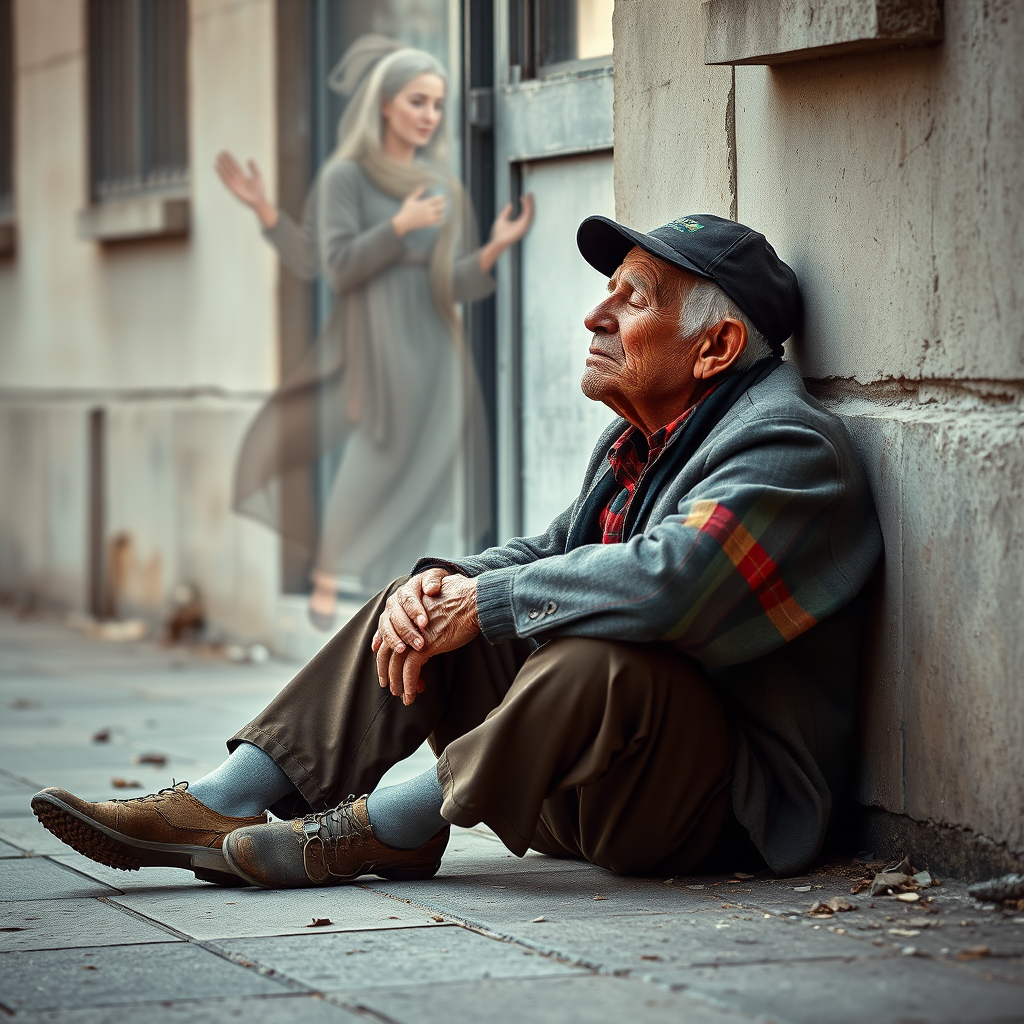 beautifully weathered old homeless veteran sitting on the ground slumping against the wall of a building with his eyes closed. there is an Ethereal, translucent figure of a beautiful elderly woman comforting him