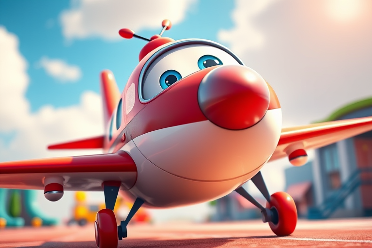 Create a detailed, colorful illustration of a cartoon airplane character with exaggerated features, in a playful setting, using a DSLR camera with a 50mm lens, aperture f/1.8, ISO 100, from a low angle perspective to enhance the vibrant colors and depth.