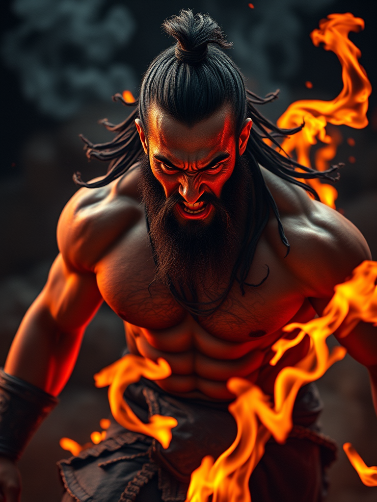 Create an image of a muscular ancient warrior with a fierce expression, surrounded by vibrant flames and smoke, high-resolution, shot with a Canon EOS R5, 50mm lens, f/1.8 aperture, ISO 100, 1/200 sec shutter speed, dramatic low angle view, cinematic style.