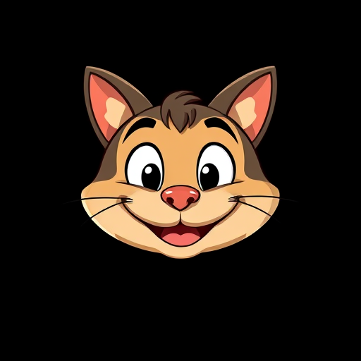 Create a cartoon-style illustration of a smiling animal face resembling a cat with exaggerated features and a playful expression, set against a solid black background, shot with a DSLR camera at f/2.8, 1/250 sec shutter speed, ISO 100 for optimal clarity and detail.