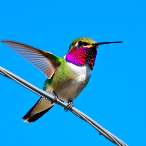 A close-up of a vibrant hummingbird perched on a metal wire with a clear blue sky background, captured using a Canon EOS 90D with an ISO of 200, aperture of f/5.6, shutter speed of 1/1000 seconds, in natural lighting, emphasizing sharp details and vivid colors.