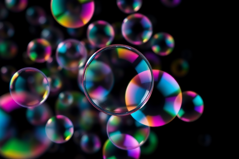 abstract colorful bubbles on a black background, macro lens, aperture f/2.8, shutter speed 1/250s, ISO 100, top-down view, high dynamic range imaging, DSLR camera