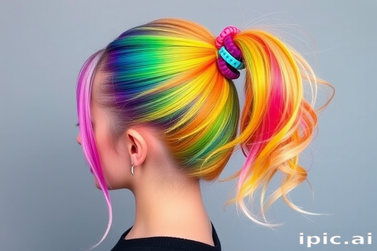 Vibrant rainbow hair with each section dyed a different hue, styled in a sleek, high ponytail with colorful hair rings, showcasing the playful "Prism Power" look