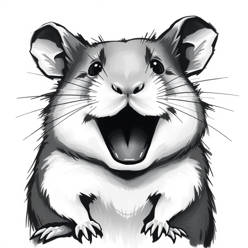 Abstract black and white acrylic portrait of an over exaggerated laughing (hamster). Minimalism style. White background.