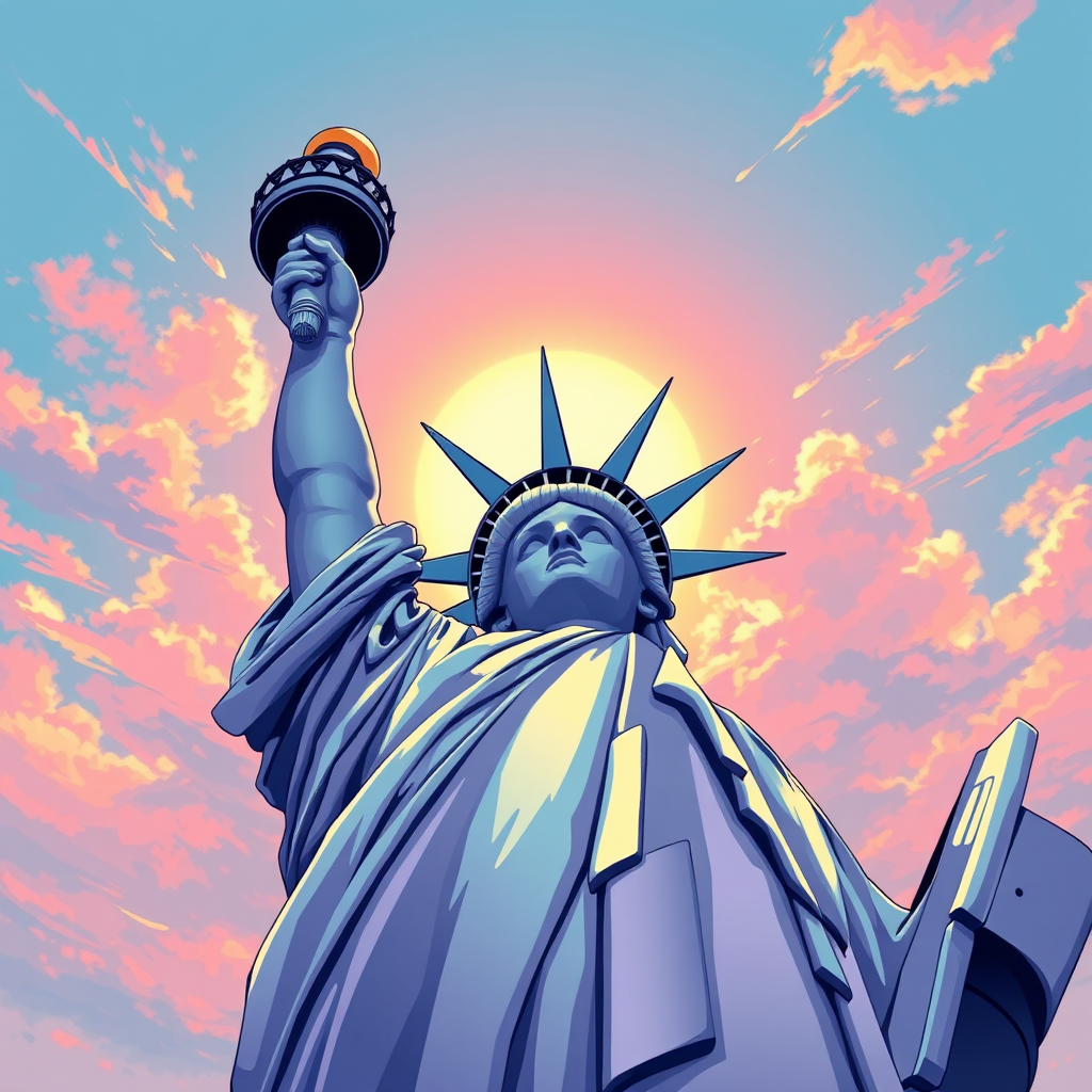 Generate a high-resolution illustration of the Statue of Liberty with a focus on vibrant colors and details, using a 50mm lens, f/8 aperture, ISO 100, and a wide-angle view for enhanced clarity and depth.
