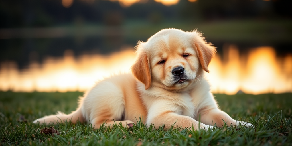 A fluffy golden retriever puppy sitting peacefully on green grass near a calm lake during sunset with its eyes closed and a serene expression.