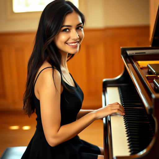A young woman with long, dark hair smiles at the viewer as she sits at a grand piano, her right hand poised over the keys. The scene is lit by warm, natural light, highlighting the elegant simplicity of the woman's black dress. The perspective is from the side, emphasizing the contrast between the woman's delicate form and the grand scale of the piano. The ivory keys and dark wood of the piano create a striking visual contrast, further emphasized by the rich black of her dress.