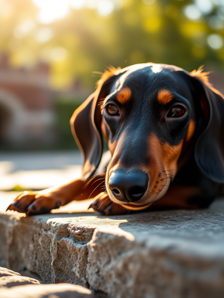 a relaxed dachshund lying on a stone surface in natural sunlight, close-up view, shallow depth of field, captured with a Canon EOS 5D Mark IV, aperture f/2.8, ISO 100, 50mm lens, soft focus background, high dynamic range