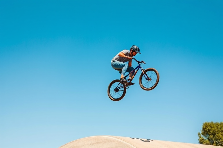 Create a high-resolution image of a BMX rider performing a mid-air trick against a clear blue sky, captured with a DSLR camera, 50mm lens, f/2.8 aperture, ISO 100, shutter speed 1/1000s, focused on the rider with a shallow depth of field and vivid colors.