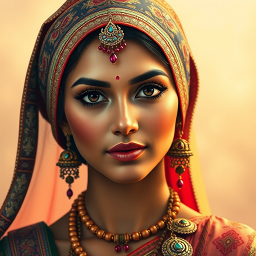 Create a portrait of a beautiful Indian woman with striking black eyes and a gentle expression. She is adorned in traditional attire with intricate patterns, including a richly embroidered headscarf and matching garments. Her jewelry includes a delicate headpiece, dangling earrings, and ornate bracelets, all featuring vibrant gemstones and detailed metalwork. The background is soft and warm, enhancing the rich colors of her outfit and jewelry.