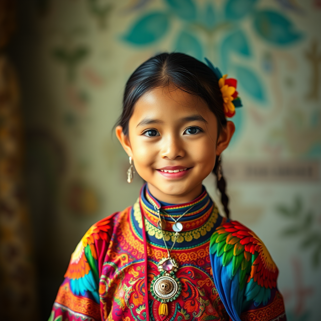 A beautiful Cambodian girl, wearing colorful bird clothing with vibrant colors