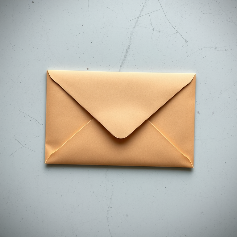 Create a high-resolution image of a closed envelope on a flat surface, using a 50mm lens at f/2.8 aperture, ISO 100, with a slight top-down view, captured with a DSLR camera and natural soft lighting for enhanced detail and texture.