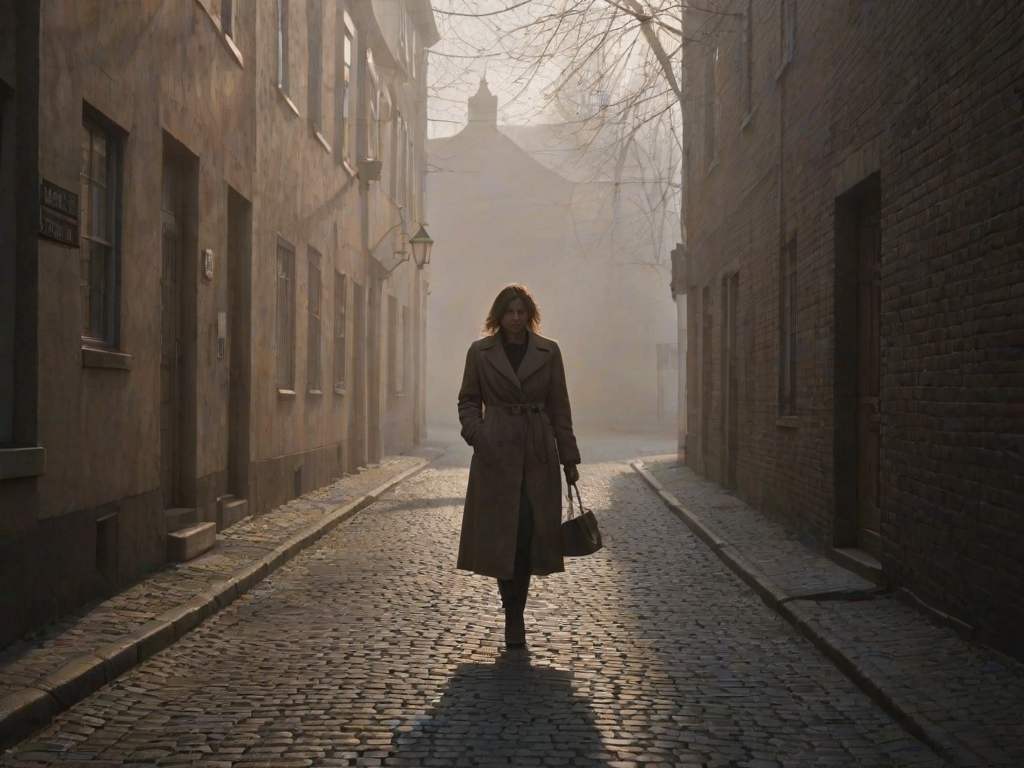 Foggy alleyway in a small town, soft light from a nearby streetlamp casting long shadows, a woman in a long coat walks slowly, her boots clicking softly on the cobblestones.