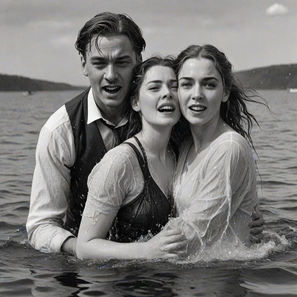 A hyperdetailed photorealistic black and white pencil sketch recreating the iconic scene at the end of Titanic with Jack and Rose floating in the water, only show them making exaggerated funny faces at the camera. Show Rose spitting water at the camera.