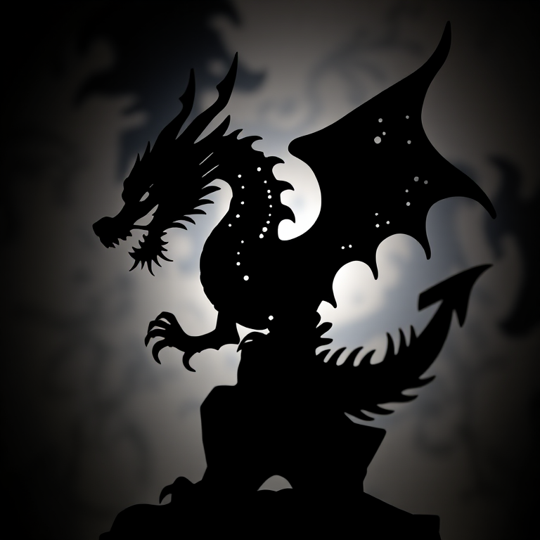 Create an image of a stylized dragon silhouette with intricate details, shot with a Canon EOS 5D Mark IV using a 50mm f/1.8 lens, aperture set to f/2.8, ISO 100, with a shallow depth of field and a dramatic, high-contrast lighting setup.