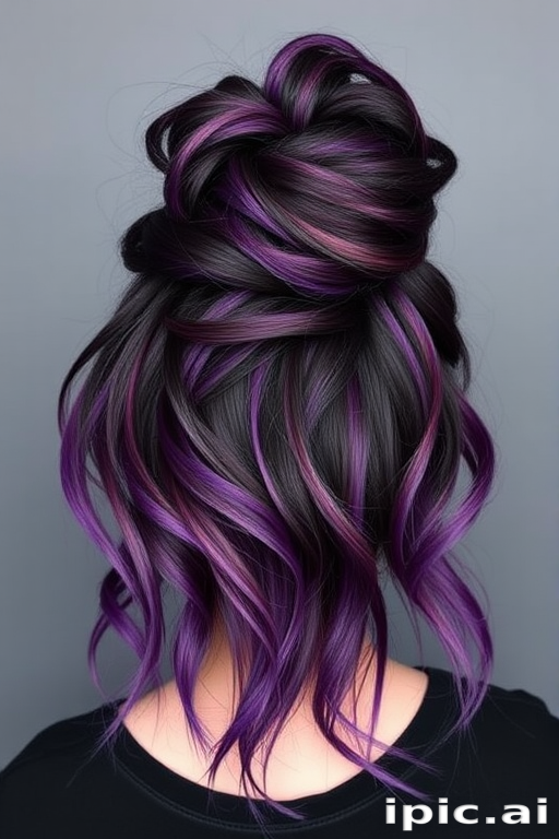 Jet black to deep violet ombre styled in a high messy bun, named "Midnight Orchid" look, showcasing loose tendrils and a deliberately undone appearance