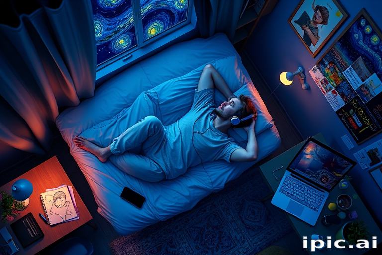 A top-down Van Gogh-style painting of a young man lying on his bed, listening to music with headphones. The room is softly lit with deep blues and purples, creating a peaceful nighttime atmosphere. The bed has a soft pillow, and the man's arms are resting behind his head. Around the bed, various glowing gadgets such as a smartphone, a laptop, and a small lamp are visible, casting a gentle light. The rest of the bedroom includes a desk with books, a chair, and a small rug on the floor. A window near the bed reveals a starry night sky with swirling stars, reminiscent of Van Gogh's 'Starry Night.' On the desk, there is a sketchbook with colorful drawings, a cup of coffee steaming gently, and a small potted plant. The walls have posters of famous paintings and a corkboard with pinned notes and photos. The scene is full of dynamic, swirling brushstrokes, capturing the essence of Van Gogh's unique style. The overall mood is serene and contemplative, with a touch of artistic inspiration.