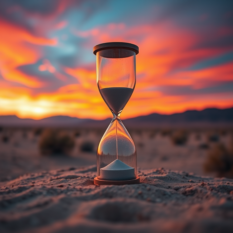 create a hyper-realistic image of an hourglass in a desert landscape during sunset, with vibrant colors in the sky, using a Canon EOS R5 camera, 50mm f/1.2 lens, f/2.8 aperture, ISO 100, 1/200 sec shutter speed, with a focus on the hourglass for depth of field and a warm tone to enhance mood