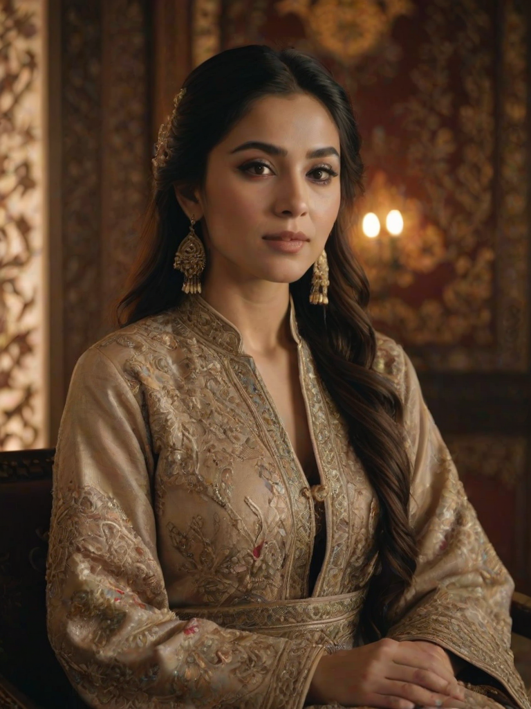 A beautiful Pakistani woman in traditional East Asian attire, intricately detailed with embroidered patterns, sitting gracefully in a richly decorated room, soft ambient lighting, serene and elegant, ultra-realistic, 8K resolution