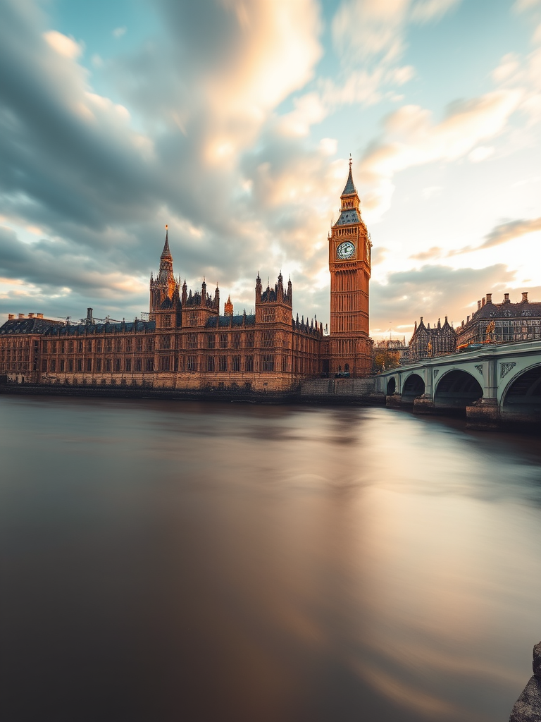 Capture a long exposure image of the Palace of Westminster and Big Ben during the golden hour, using a DSLR camera set to ISO 100, f/8 aperture, shutter speed of 30 seconds, with a wide-angle lens from a low angle viewpoint to enhance detail and depth, ensuring a smooth water effect on the River Thames and dramatic cloud movement in the sky.