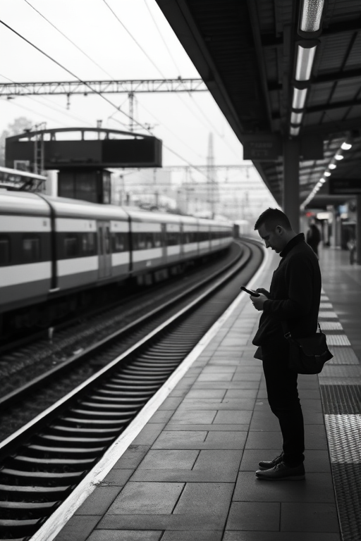 A monochrome street photography shot of a person checking their phone on a train station platform with railway tracks, taken from an elevated angle using a DSLR camera, 50mm lens, f/2.8 aperture, shutter speed 1/125s, ISO 200.
