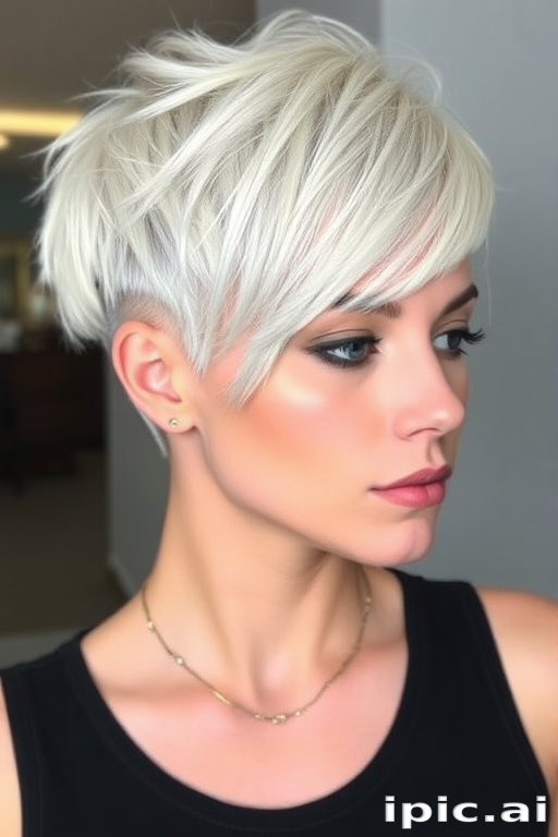 Chic Platinum Pixie cut with textured layers, asymmetrical bangs, and a bold undercut design, creating a modern and edgy look with a touch of sophistication