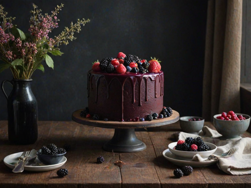 Create an image of a tall, elegant cake with a smooth black exterior. The cake is topped with an assortment of fresh berries, including blackberries and blueberries. The setting should have a rustic wooden table and a soft, moody lighting that enhances the cake's sophistication. Include a few vintage kitchen items in the background for a cozy atmosphere.