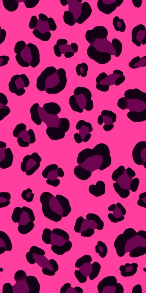 Generate a seamless leopard print pattern with a vibrant pink background, featuring an array of dark purple spots, using a Canon EOS R5, 50mm lens, f/1.8 aperture, ISO 200, 1/250 sec shutter speed, top-down view and enhanced color saturation.