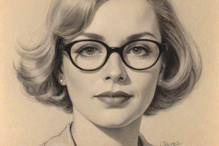 Magnificent Julia Duffy, pencil sketch, portrait of Pleasing woman 1928s in glasses, hair style beatnik, outline, clear lines, fine lines, 8k