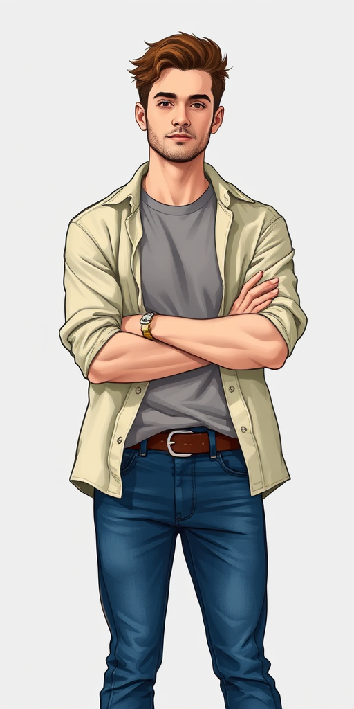 Generate a digital illustration of a man with a casual look, arms crossed, wearing a light-colored shirt over a gray t-shirt and blue jeans, standing confidently; use a high-resolution setting at 300 DPI with a 50mm lens, portrait view, soft lighting, and a shallow depth of field for enhanced focus on the subject.