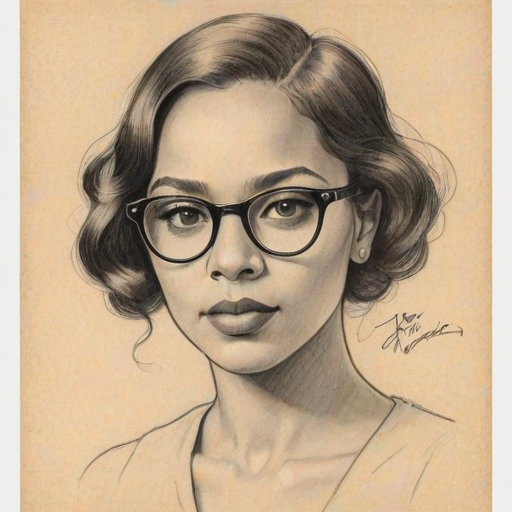 Delightful Jasmine Cephas Jones, pencil sketch, portrait of Bewitching woman 1923s in glasses, hair style beatnik, outline, clear lines, fine lines, 8k
