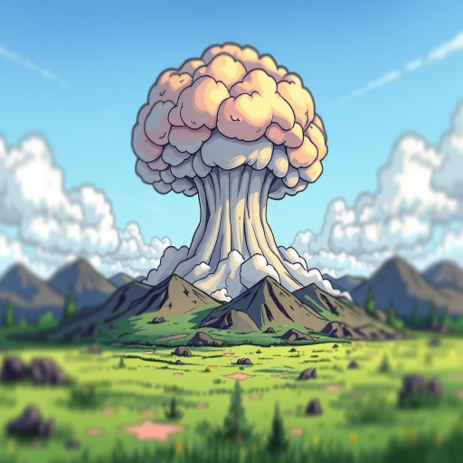 Create a high-resolution illustration of a cartoonish mushroom cloud, using a digital drawing style with vibrant colors, set in a bright, clear atmosphere, captured from an eye-level perspective with a focus on sharp details, using a virtual camera with a 35mm lens and a depth of field setting to enhance background blur.