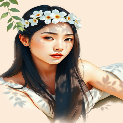 create a watercolor painting of an ethereal portrait of beautiful Tibetan woman with a simple white flower crown on her head. Her hair is long and she is lying on the ground. The sunlight on the trees casts shadows from the leaves on her face and body. The background is a neutral brown color that matches her skin tone. The image is minimalist and solid colors. This style is characterized by soft, delicate brushstrokes and a light, airy, contrasting color palette. High level of detail and play of light