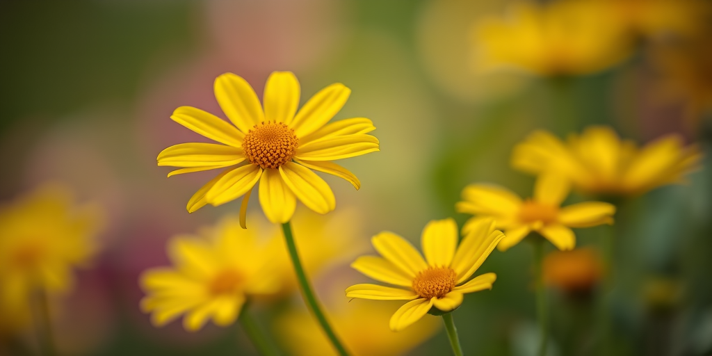 macro shot of vibrant yellow flowers with soft bokeh background, aperture f/2.8, shutter speed 1/200 sec, ISO 100, Canon EOS R5, 100mm lens, natural soft lighting, shallow depth of field