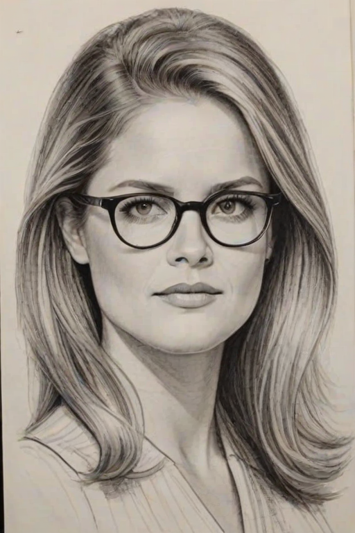Fascinating Maggie Lawson, pencil sketch, portrait of Splendid woman 1966s in glasses, hair style beatnik, outline, clear lines, fine lines, 8k