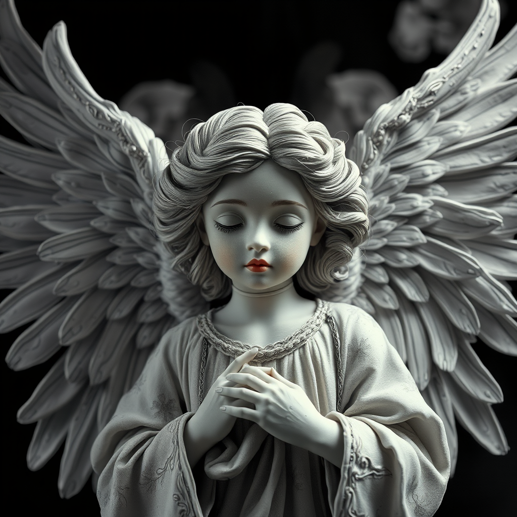An angel, crafted in the unique style of Folk Art, as she unfolds herself against an ethereal backdrop, her wings softly billowing, face radiating a heavenly glow, every curl in her strikingly serene countenance finely brushed, monochrome, detailed techniques, ultra fine, breathtaking surreal masterpiece