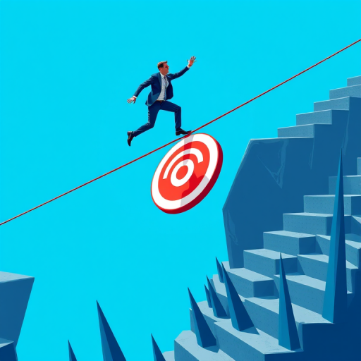 generate an illustration of a businessman balancing on a tightrope over a target, with a bright blue background, foreground features sharp spikes and stairs, use a Canon EOS R5 camera with a 50mm lens, aperture f/4, ISO 100, focus on sharp details and vibrant colors, high dynamic range settings.