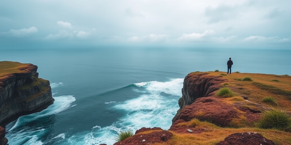 Scenic coastline with dramatic cliffs and crashing waves, a lone figure standing at the edge, taking in the breathtaking view of the ocean under a cloudy sky, creating a sense of adventure.