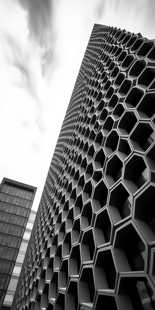 high-contrast black and white photograph of a modern building with a honeycomb structure, taken from a low angle, camera settings: ISO 200, aperture f/8, shutter speed 1/200s, 24mm lens, DSLR camera, long exposure for dramatic sky effect, smooth details and textures